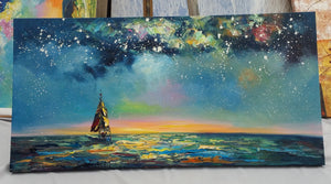 Painting Samples of Sail Boat under Starry Night Sky Painting