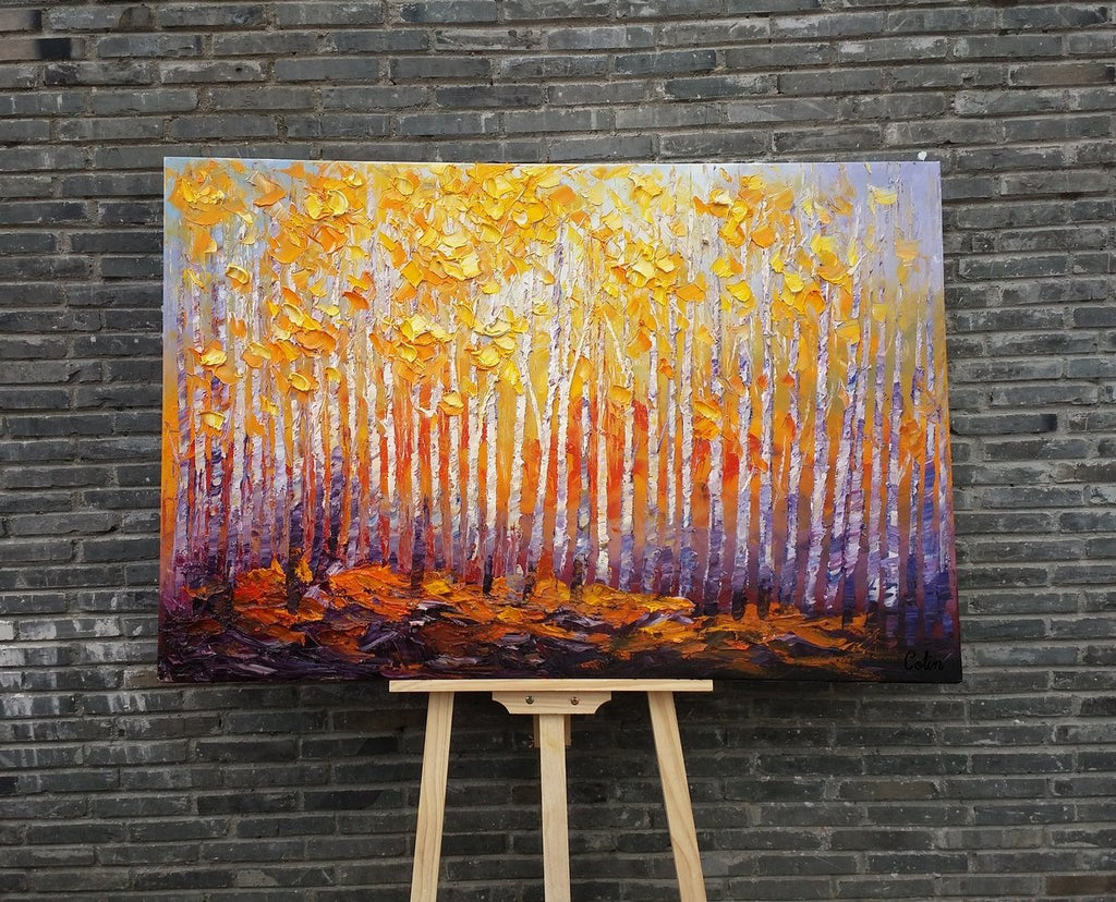 Buyer's Review on the Birch Tree Painting Received, Forest Tree Landacape Paintings, Hand Painted Canvas Art, Impasto Paintings, Palette Knife Wall Art Paintings
