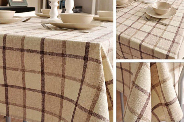 Rustic Wedding Tablecloth, Checked Tablecloth for Home Decoration, Table Cover, Beige Color Checkerboard Linen Tablecloth-artworkcanvas