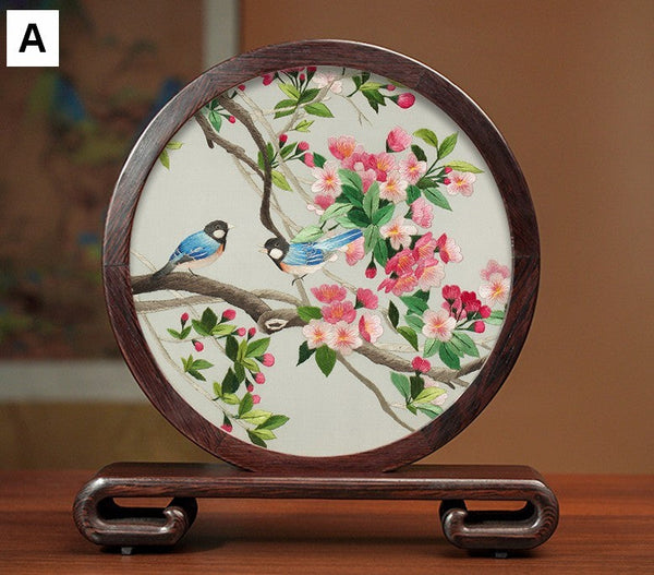 Traditional Chinese Suzhou Silk Embroidered Ornament, Premium Souvenir, Exclusive Business Presents, Creative Birthday Gift, Flower and Birds Embroidery Ornaments-artworkcanvas