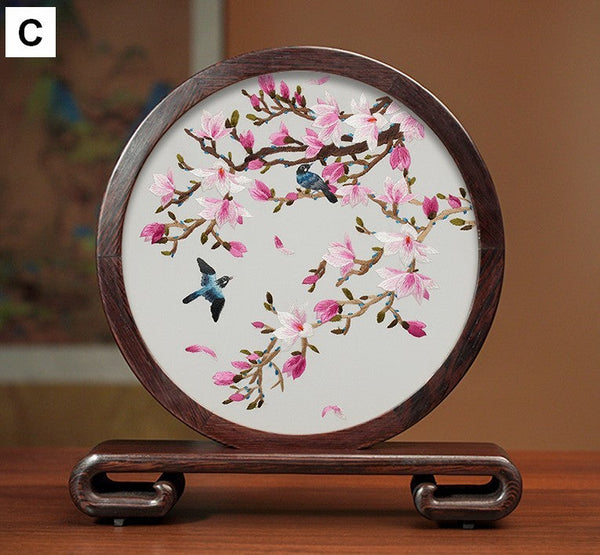 Traditional Chinese Suzhou Silk Embroidered Ornament, Premium Souvenir, Exclusive Business Presents, Creative Birthday Gift, Flower and Birds Embroidery Ornaments-artworkcanvas