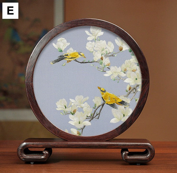 Traditional Chinese Suzhou Silk Embroidered Ornament, Premium Souvenir, Exclusive Business Presents, Creative Birthday Gift, Flower and Birds Embroidery Ornaments-artworkcanvas