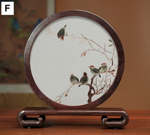 Traditional Chinese Suzhou Silk Embroidered Ornament, Premium Souvenir, Exclusive Business Presents, Creative Birthday Gift, Flower and Birds Embroidery Ornaments-artworkcanvas