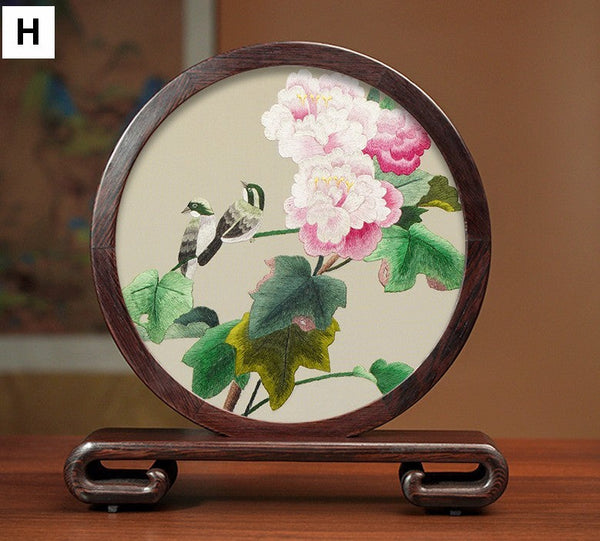 Traditional Chinese Suzhou Silk Embroidered Ornament, Premium Souvenir, Exclusive Business Presents, Creative Birthday Gift, Flower and Birds Embroidery Ornaments-artworkcanvas