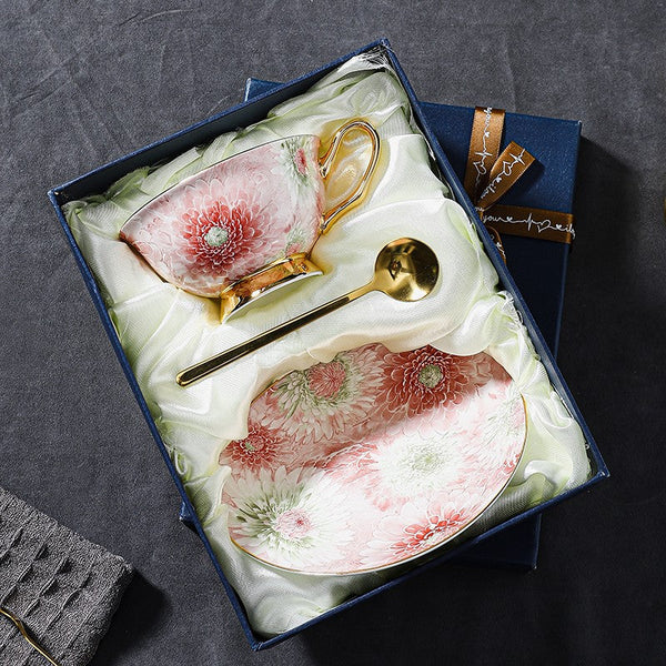 Blue and Pink Beautiful British Tea Cups, Elegant Ceramic Coffee Cups, Creative Bone China Porcelain Tea Cup Set, Unique Tea Cups and Saucers in Gift Box-artworkcanvas