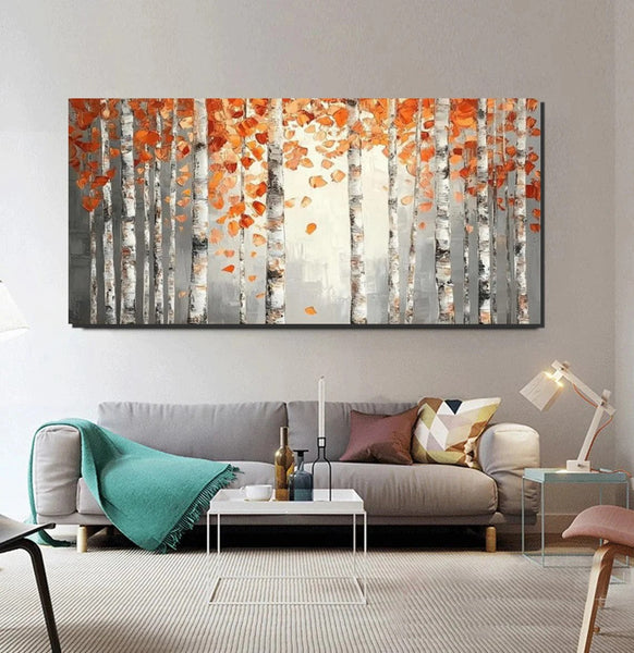 Large Wall Art for Bedroom, Modern Paintings for Living Room, Acrylic Painting on Canvas, Palette Knife Canvas Art, Autumn Birch Tree Painting, Original Canvas Art-artworkcanvas