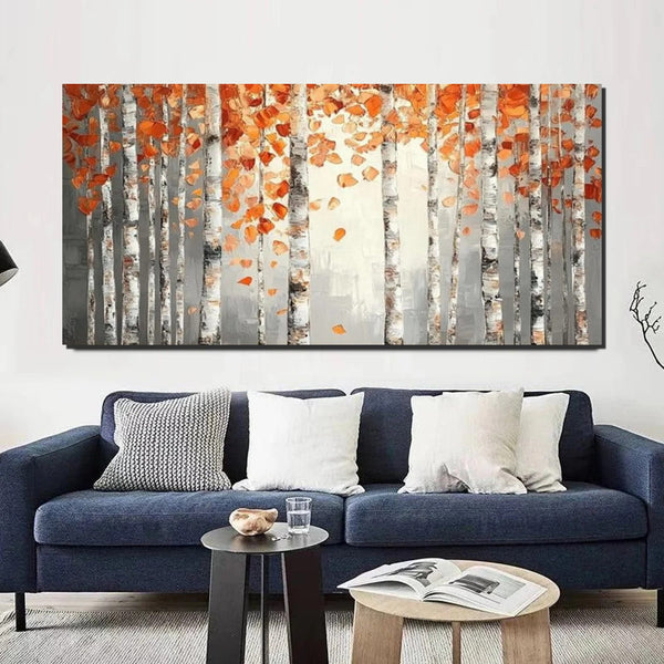 Large Wall Art for Bedroom, Modern Paintings for Living Room, Acrylic Painting on Canvas, Palette Knife Canvas Art, Autumn Birch Tree Painting, Original Canvas Art-artworkcanvas