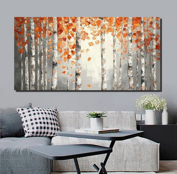 Large Wall Art for Bedroom, Modern Paintings for Living Room, Acrylic Painting on Canvas, Palette Knife Canvas Art, Autumn Birch Tree Painting, Original Canvas Art-artworkcanvas