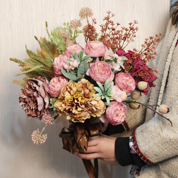 Beautiful Artificial Floral Arrangement for Bedroom, Large Bunch of Peony Flowers Arrangement, Real Touch Faux Silk Floral Bouquet Table Centerpiece-artworkcanvas