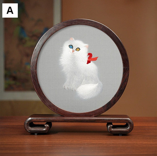 Unique Birthday Gift, Traditional Chinese Suzhou Kitten Embroidery Ornament, Lovely Kitty Cat Embroidered Decor, Premium Souvenir, Exclusive Business Present-artworkcanvas