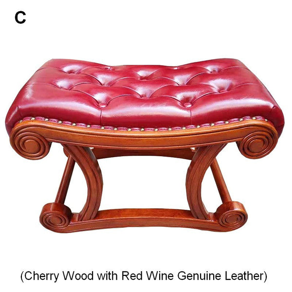 Vintage Leather Stool, Genuine Leather Solid Wood Entry Bench, Cherry Wood Footstool, Long Bench, Vanity Stool, Dressing Table Stool-artworkcanvas