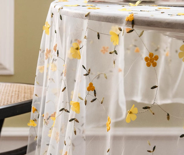 Yellow Flower Lace Tablecloths, Extra Large Rectangular Tablecloth for Oval Table, Lace Embroidered Table Covers, Rectangular Table Covers for Coffee Table-artworkcanvas