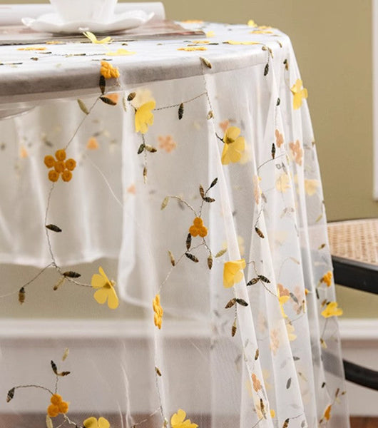Yellow Flower Lace Tablecloths, Extra Large Rectangular Tablecloth for Oval Table, Lace Embroidered Table Covers, Rectangular Table Covers for Coffee Table-artworkcanvas