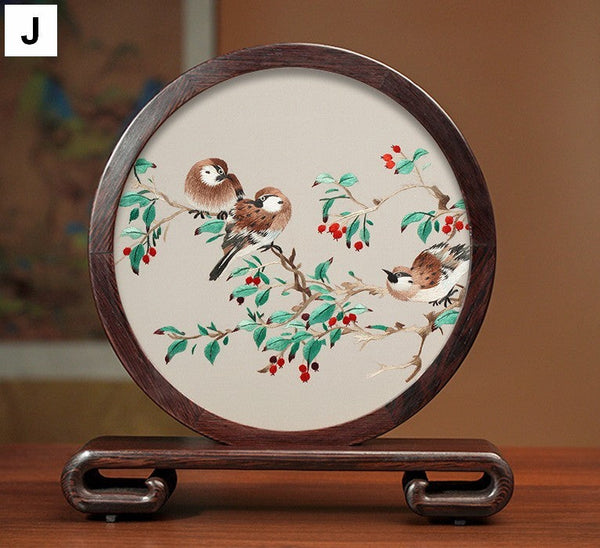 Traditional Chinese Suzhou Silk Embroidered Ornament, Premium Souvenir, Exclusive Business Presents, Creative Birthday Gift, Flower and Birds Embroidery Ornaments-artworkcanvas