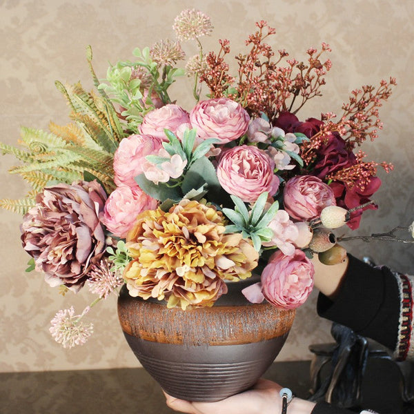 Beautiful Artificial Floral Arrangement for Bedroom, Large Bunch of Peony Flowers Arrangement, Real Touch Faux Silk Floral Bouquet Table Centerpiece-artworkcanvas