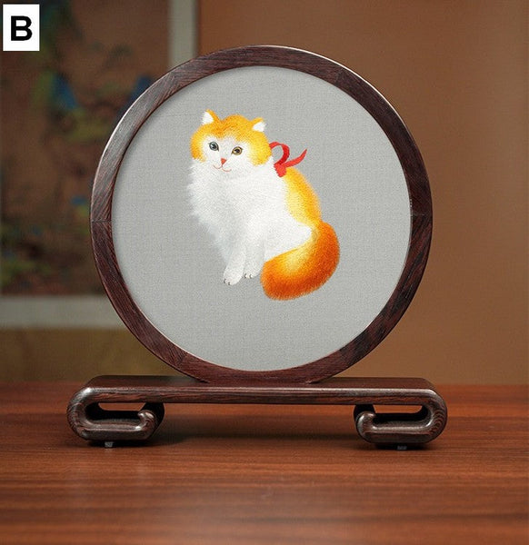 Unique Birthday Gift, Traditional Chinese Suzhou Kitten Embroidery Ornament, Lovely Kitty Cat Embroidered Decor, Premium Souvenir, Exclusive Business Present-artworkcanvas