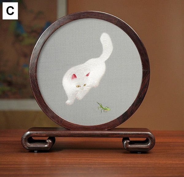 Unique Birthday Gift, Traditional Chinese Suzhou Kitten Embroidery Ornament, Lovely Kitty Cat Embroidered Decor, Premium Souvenir, Exclusive Business Present-artworkcanvas