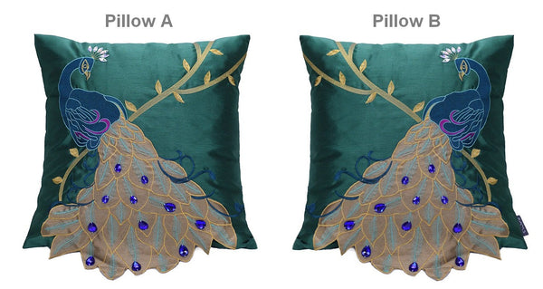 Decorative Sofa Pillows, Decorative Pillows for Couch, Beautiful Decorative Throw Pillows, Green Embroider Peacock Cotton and linen Pillow Cover-artworkcanvas