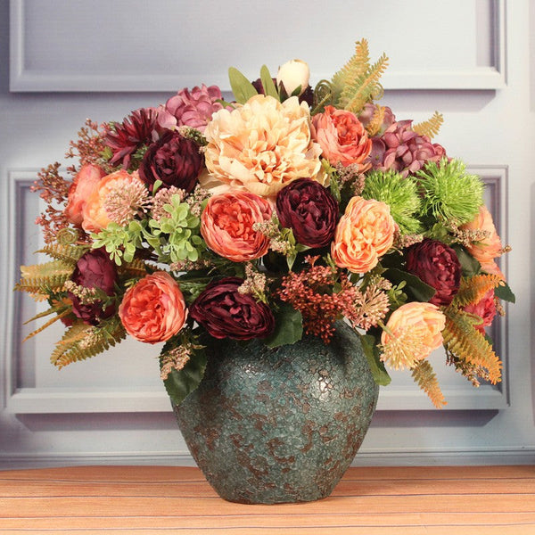 Amazing Artificial Floral Arrangement for Dining Room, Large Bunch of Autumn Flowers Arrangement, Peony Faux Silk Floral Bouquet Table Centerpiece-artworkcanvas