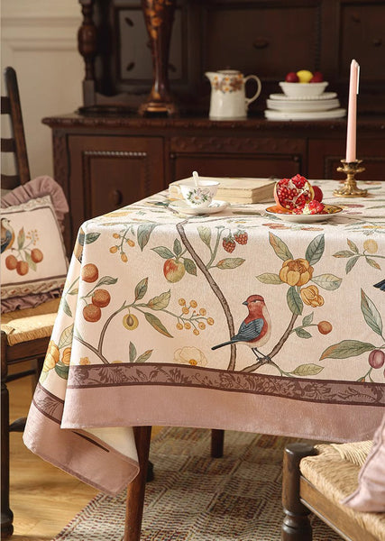 Tablecloth for Round Table, Simple Modern Rectangle Tablecloth Ideas for Oval Table, Bird and Fruit Tree Kitchen Table Cover, Linen Table Cover for Dining Room Table-artworkcanvas