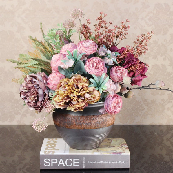 Beautiful Artificial Floral Arrangement for Bedroom, Large Bunch of Peony Flowers Arrangement, Real Touch Faux Silk Floral Bouquet Table Centerpiece-artworkcanvas