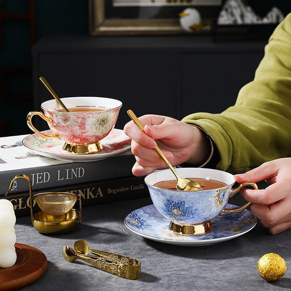 Blue and Pink Beautiful British Tea Cups, Elegant Ceramic Coffee Cups, Creative Bone China Porcelain Tea Cup Set, Unique Tea Cups and Saucers in Gift Box-artworkcanvas