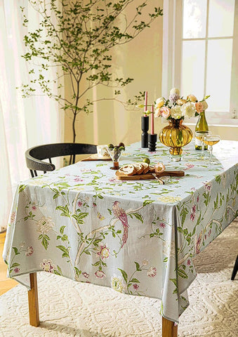 Singing Bird Tablecloth for Round Table, Kitchen Table Cover, Flower Table Cover for Dining Room Table, Modern Rectangle Tablecloth Ideas for Oval Table-artworkcanvas