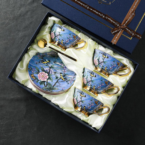Unique British Tea Cup and Saucer in Gift Box, Blue Bird and Butterfly Bone China Porcelain Tea Cup Set, Elegant British Ceramic Coffee Cups-artworkcanvas