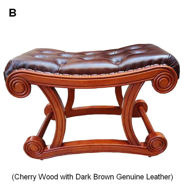 Vintage Leather Stool, Genuine Leather Solid Wood Entry Bench, Cherry Wood Footstool, Long Bench, Vanity Stool, Dressing Table Stool-artworkcanvas