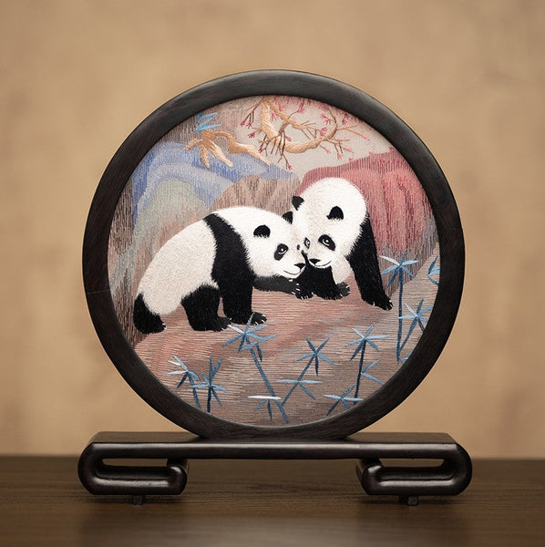 Unique Birthday Gift, Exclusive Business Present Panda Embroidered Decor, Traditional Chinese Suzhou Embroidery Ornament, Premium Souvenir-artworkcanvas