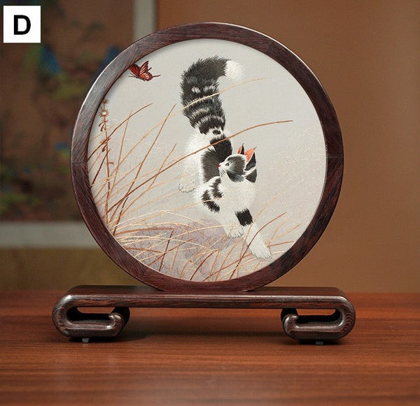 Unique Birthday Gift, Traditional Chinese Suzhou Kitten Embroidery Ornament, Lovely Kitty Cat Embroidered Decor, Premium Souvenir, Exclusive Business Present-artworkcanvas