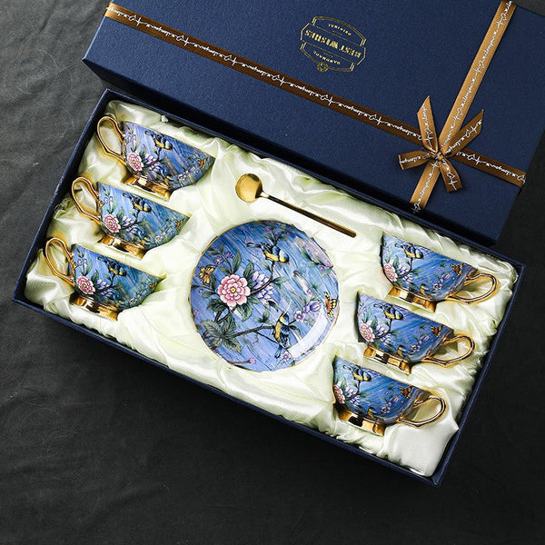 Unique British Tea Cup and Saucer in Gift Box, Blue Bird and Butterfly Bone China Porcelain Tea Cup Set, Elegant British Ceramic Coffee Cups-artworkcanvas