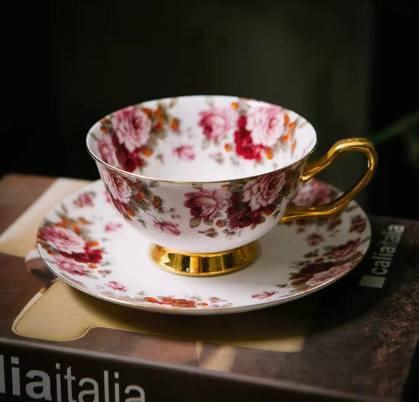 Unique Royal Coffee Cup and Saucer, Elegant Flower Ceramic Cups, Creative Bone China Porcelain Tea Cup Set, Beautiful British Tea Cups-artworkcanvas