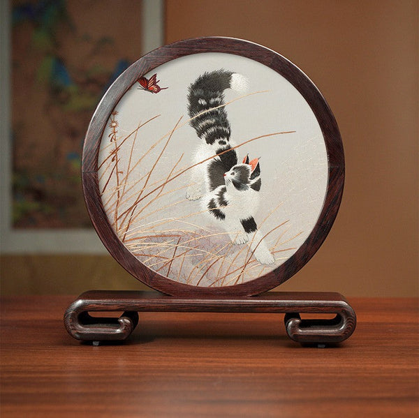 Unique Birthday Gift, Traditional Chinese Suzhou Kitten Embroidery Ornament, Lovely Kitty Cat Embroidered Decor, Premium Souvenir, Exclusive Business Present-artworkcanvas