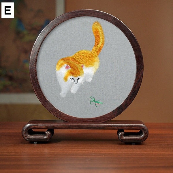 Unique Birthday Gift, Traditional Chinese Suzhou Kitten Embroidery Ornament, Lovely Kitty Cat Embroidered Decor, Premium Souvenir, Exclusive Business Present-artworkcanvas