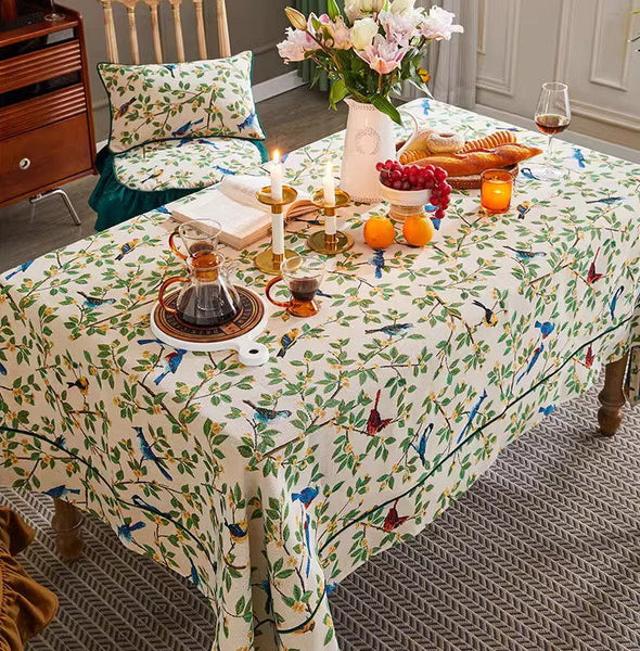 Bird Flower Pattern Farmhouse Table Cloth, Large Modern Rectangle Tablecloth for Dining Room Table, Square Tablecloth for Round Table-artworkcanvas