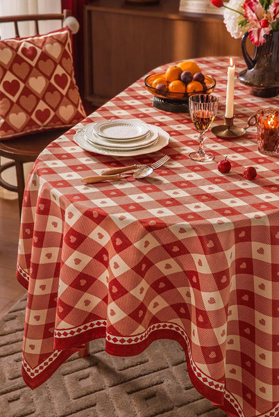 Red Heart-shaped Table Cover for Dining Room Table, Holiday Red Tablecloth for Dining Table, Modern Rectangle Tablecloth for Oval Table-artworkcanvas