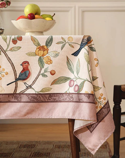Tablecloth for Round Table, Simple Modern Rectangle Tablecloth Ideas for Oval Table, Bird and Fruit Tree Kitchen Table Cover, Linen Table Cover for Dining Room Table-artworkcanvas