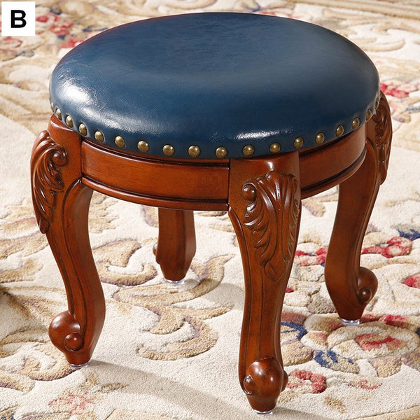 Solid Wood Ottoman, Rubberwood Entry Bench, Vanity Stool, Genuine Leather Solid Wood Entry Bench, Vintage Round Stool-artworkcanvas