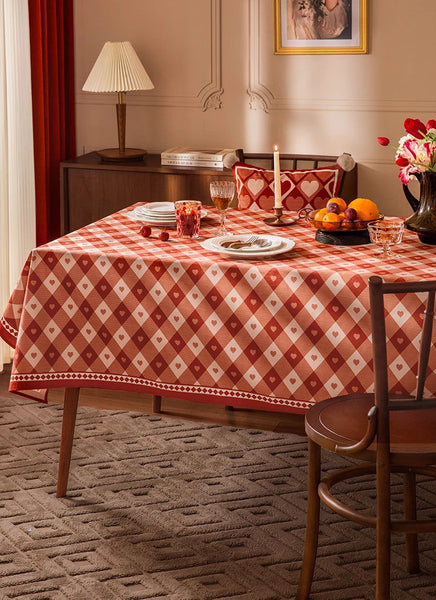 Red Heart-shaped Table Cover for Dining Room Table, Holiday Red Tablecloth for Dining Table, Modern Rectangle Tablecloth for Oval Table-artworkcanvas