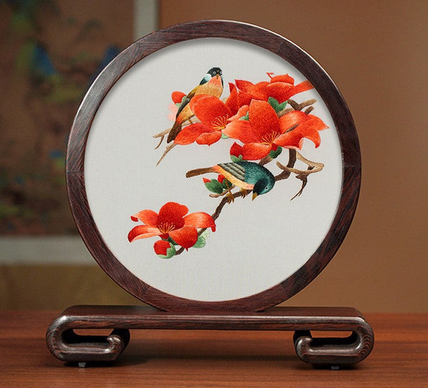 Beautiful Flower and Birds Silk Embroidery Ornaments, Traditional Chinese Suzhou Silk Embroidery, Exclusive Business Presents, Creative Birthday Gift, Premium Souvenir-artworkcanvas