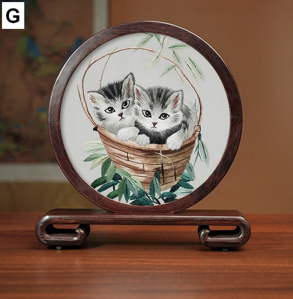 Unique Birthday Gift, Traditional Chinese Suzhou Kitten Embroidery Ornament, Lovely Kitty Cat Embroidered Decor, Premium Souvenir, Exclusive Business Present-artworkcanvas
