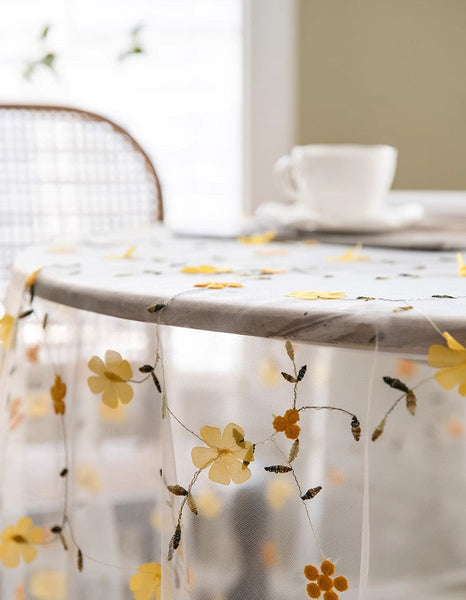 Yellow Flower Lace Tablecloths, Extra Large Rectangular Tablecloth for Oval Table, Lace Embroidered Table Covers, Rectangular Table Covers for Coffee Table-artworkcanvas