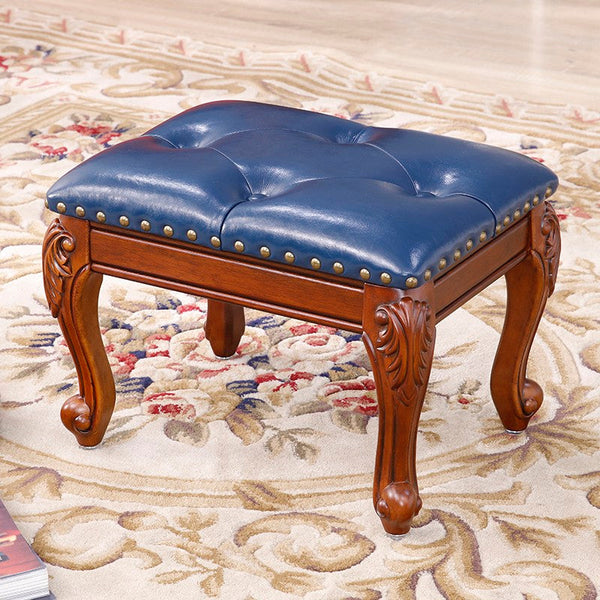 Vanity Stool, Genuine Leather Solid Wood Entry Bench, Solid Wood Ottoman, Rubberwood Entry Bench, Vintage Entry Stool-artworkcanvas