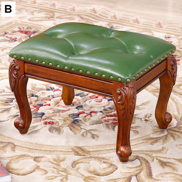 Vanity Stool, Genuine Leather Solid Wood Entry Bench, Solid Wood Ottoman, Rubberwood Entry Bench, Vintage Entry Stool-artworkcanvas