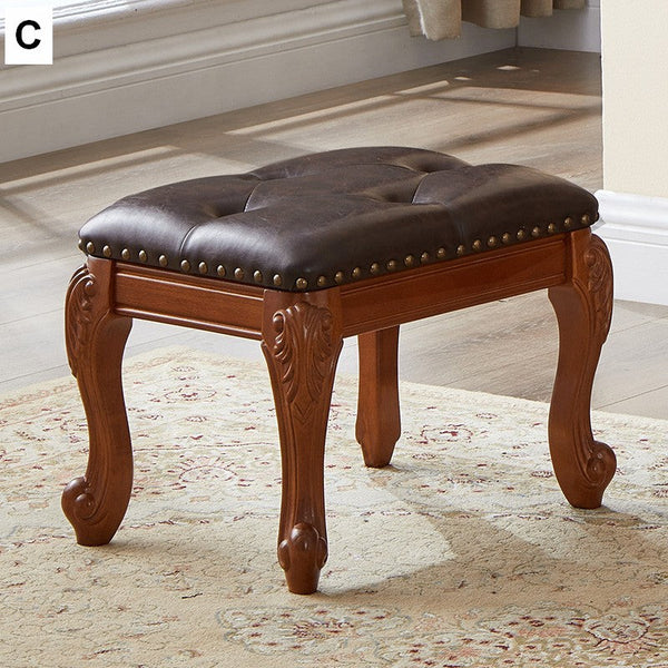 Vanity Stool, Genuine Leather Solid Wood Entry Bench, Solid Wood Ottoman, Rubberwood Entry Bench, Vintage Entry Stool-artworkcanvas