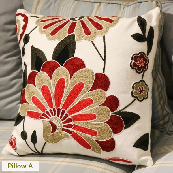 Sofa Decorative Pillows, Embroider Flower Cotton Pillow Covers, Flower Decorative Throw Pillows for Couch, Farmhouse Decorative Throw Pillows-artworkcanvas