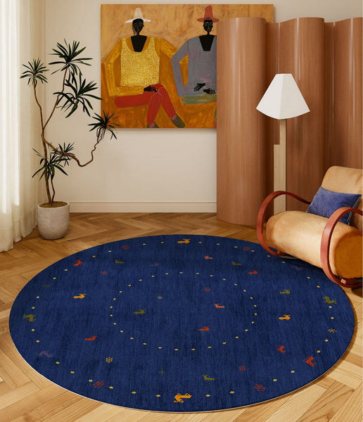 Blue Circular Modern Rugs for Bathroom, Geometric Modern Rug Ideas for Living Room, Modern Rugs for Children's Room, Abstract Contemporary Round Rugs for Dining Room-artworkcanvas