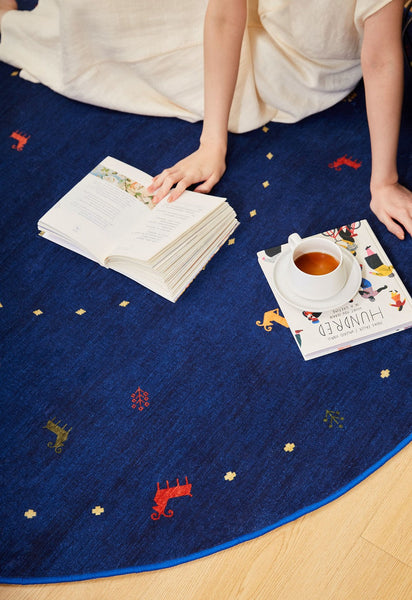 Blue Circular Modern Rugs for Bathroom, Geometric Modern Rug Ideas for Living Room, Modern Rugs for Children's Room, Abstract Contemporary Round Rugs for Dining Room-artworkcanvas