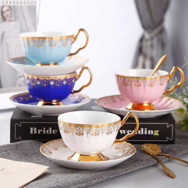 Unique British Tea Cup and Saucer in Gift Box, Pink Blue White Bone China Porcelain Tea Cup Set, Elegant British Ceramic Coffee Cups for Afternoon Tea-artworkcanvas